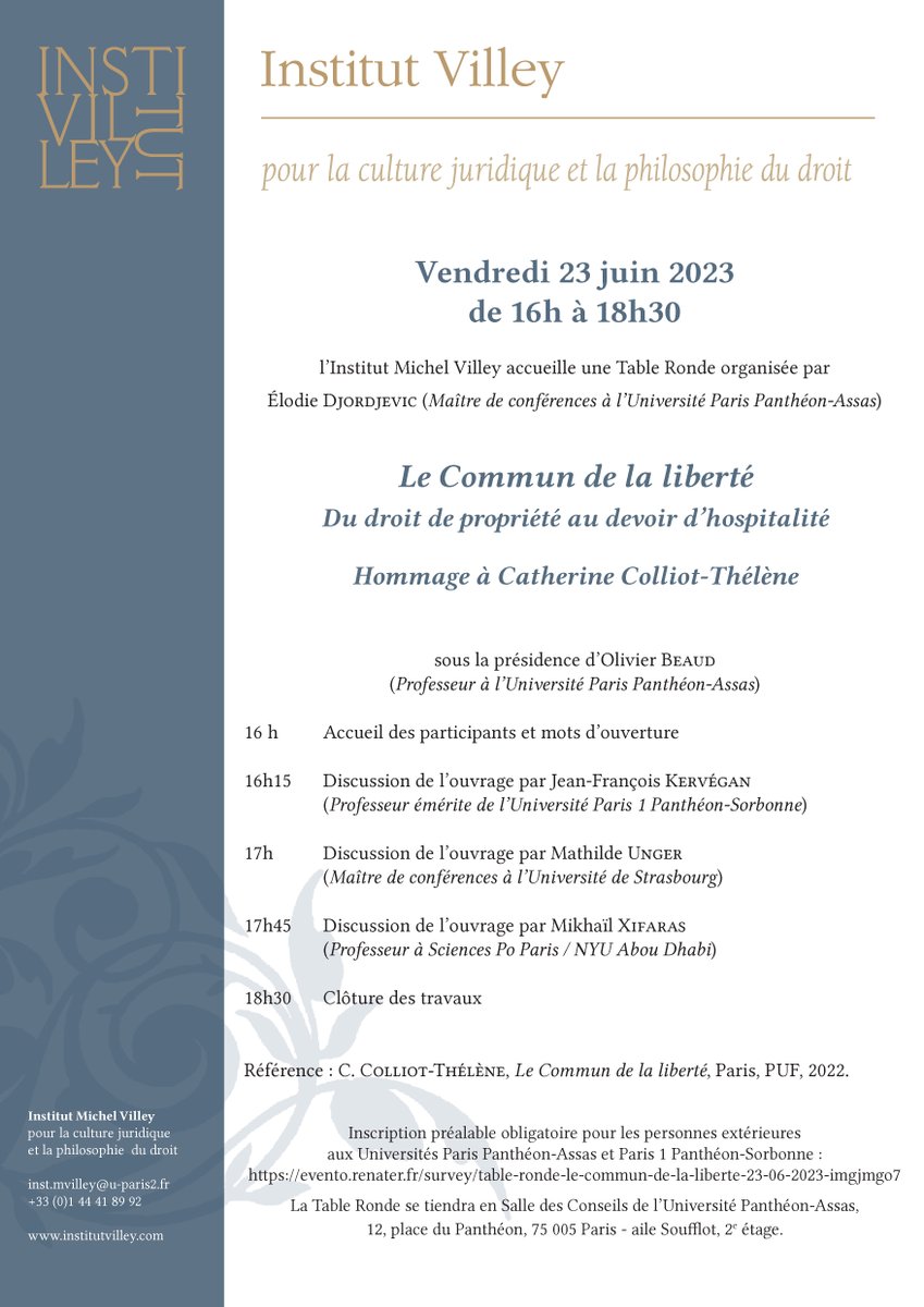 J-1 #ConfAssas Le Commun de la liberté. Du droit de propriété au devoir d’hospitalité @institutvilley
🗓️ 23/06
⏰ De 16h à 18h30
📍Centre Panthéon
⚠️ Inscription obligatoire
Plus d’infos sur 👉 u-paris2.fr/fr/evenements/…
#AssasUniv