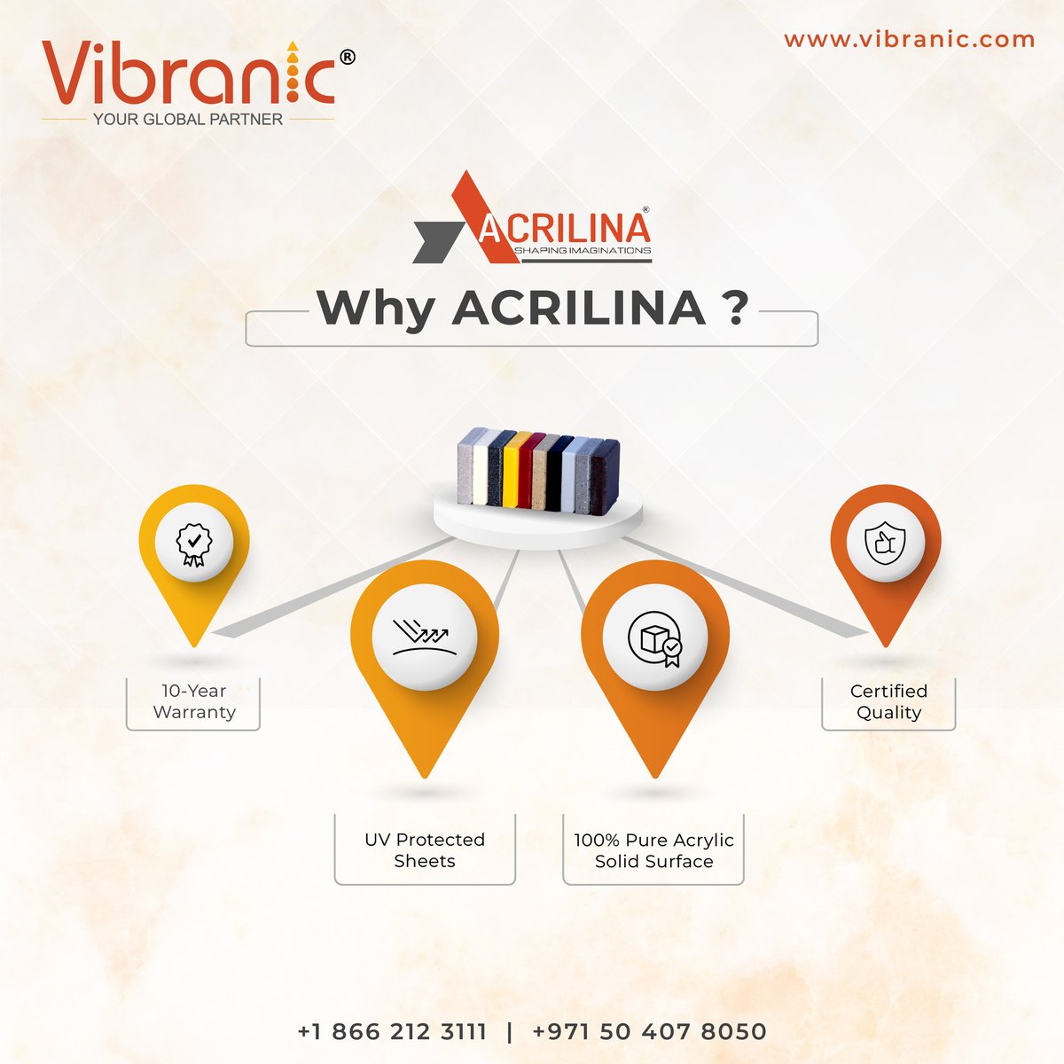 Experience the Ultimate in Durability and Style, Enhanced by UV Protected Sheets. Choose from our wide range of Acrylic Solid Surfaces to create your style statement.

For more details, please reach us at mail@vibranic.com or call us at +1 866 212 3111, +971 504078050

#Vibranic
