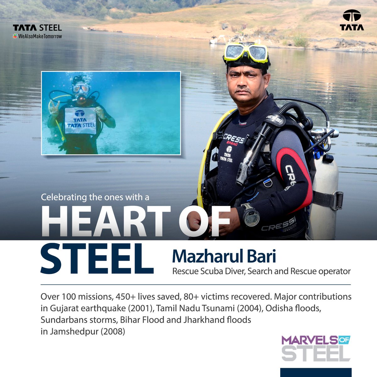 TataSteelLtd's tweet photo. In this edition of #MarvelsofSteel, we proudly honour Mazharul Bari. He's saved countless lives with over 100 fearless rescue operations during natural disasters in #EastIndia. His unwavering dedication embodies the spirit of #unity & standing together in adversity.
#TataSteel https://t.co/B3zQX7G86j