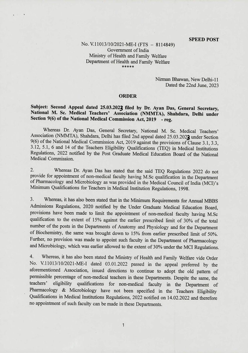 NMMTA_Assn's tweet photo. NMMTA is thankful to the ministry @MoHFW_INDIA &amp; the hon'ble minister @mansukhmandviya ji for standing by us &amp; providing us rightful justice. Now, we expect @NMC_IND to amend the TEQ with immediate effect. With this, many vacant posts would be filled &amp; benefit medical education. https://t.co/bwv2IMnjc8