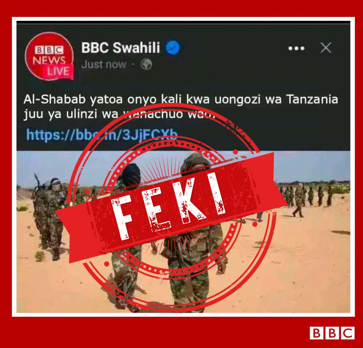 bbcswahili's tweet image. Tunafahamu kwamba chapisho hili limekuwa likisambazwa katika mitandao ya kijamii likidaiwa ni la #BBCSwahili 

Si  kweli.

Chapisho hili ni ghushi na si  la BBC News Swahili.   

Bofya hapa kusoma njia za kukabili habari feki 👉🏾👉🏿bbc.com/swahili/habari…