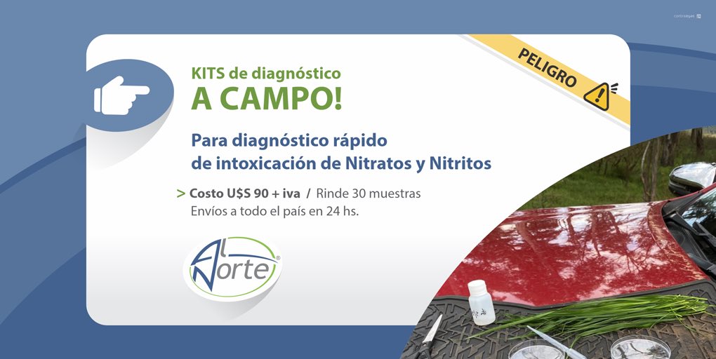 Al_Norte_Lab's tweet photo. 🧫🧪Continuamos enviando kits para el diagnóstico de intoxicaciones de Nitratos y Nitritos a campo. 

💲Costo 90 usd + iva
✔️Rinde 30 muestras
📦Enviamos a todo el país en 24 hs!

Consultas 📲091 034500

🇺🇾Al Norte Laboratorio análisis rápidos y confiables! https://t.co/Egu13eDMRJ