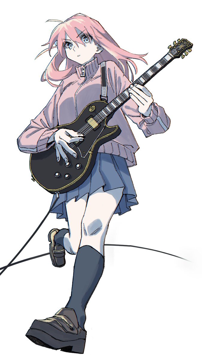 gotou hitori 1girl solo instrument guitar pink hair electric guitar holding instrument  illustration images