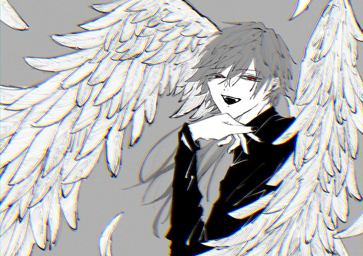 chromatic aberration 1boy male focus solo wings film grain red eyes  illustration images