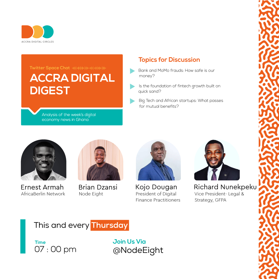 🔥 Get ready for another thought-provoking discussion today with our speakers @mrashitey, @dzansibrian, @pappyjkd, and @Rich_Nune. Set your reminder at twitter.com/i/spaces/1yNxa…. 

Don't miss out on this exciting conversation!

#nodeeight #TwitterSpaces  #DigitalInnovationHub