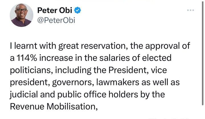 Frolicmedia_'s tweet photo. Peter Obi condemns recent Salary Hike of Government officials.
Rice| Deji| Rufai| Dipo| Travis Scott| Man City| #Boomtransfer | #ThinkStrix| #BBNaijaReunion| #NSPPDUK | https://t.co/uiJ9FWLxwO