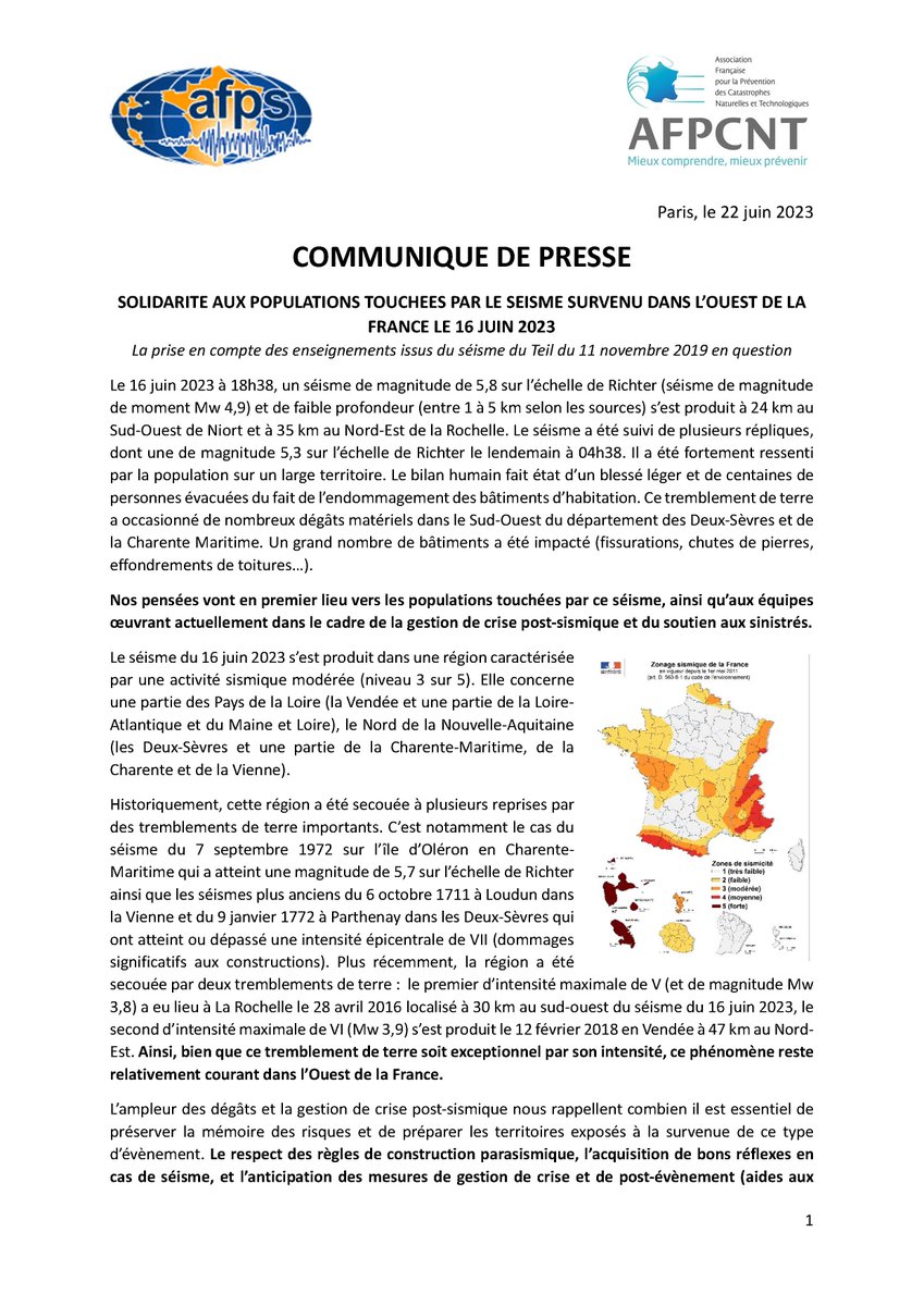 🔍 Solidarité Séisme
L'AFPS et l'AFPCNT s'associent pour témoigner de leur solidarité aux populations touchées par le séisme  du 16 juin en Poitou-Charentes et contribuer à améliorer la prévention du risque sismique en France. 
📰Le CP sur : afpcnt.org