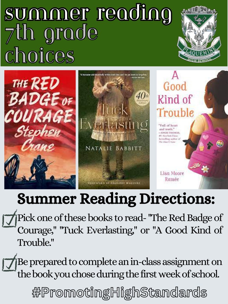 PlaquemineHigh's tweet photo. MS Summer Reading choices are below.  We will start the school year by discussing these great books!  #PromotingHighStandards #WeArePHS #InspireTomorrow https://t.co/QllcOR4mU8