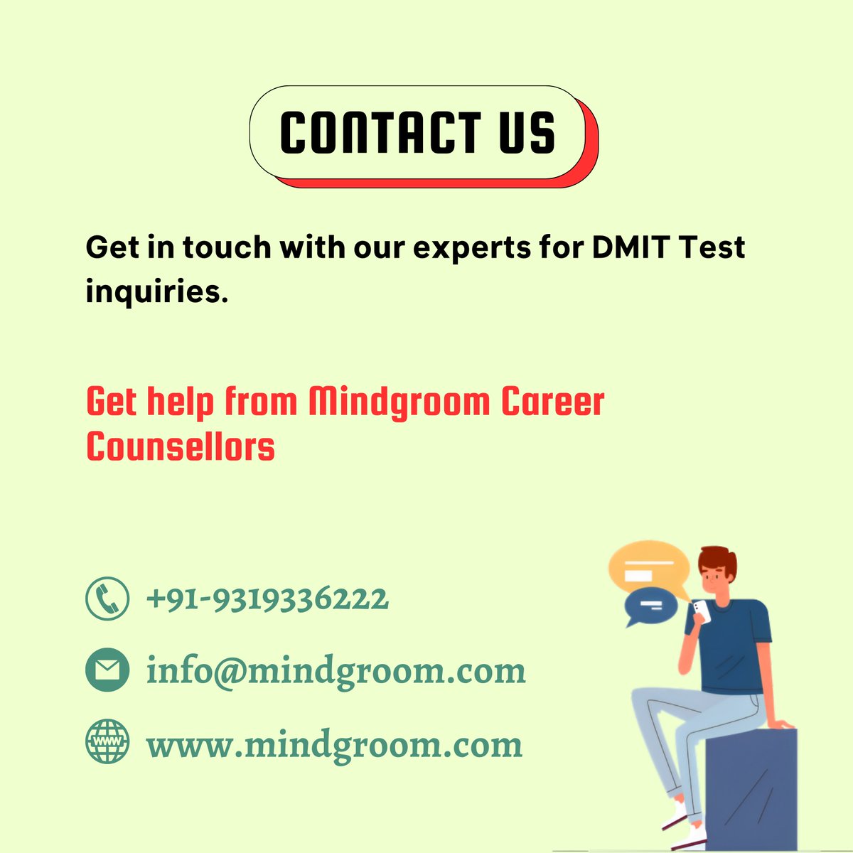 MindgroomCareer's tweet photo. Watch our Full Detail on Dermatoglyphic Multiple Intelligence Test (#DMIT) on Our YouTube Channel
https://t.co/9cUFLdeVJI
Call us: +91-9319336222
Visit us: https://t.co/7roIoEVZ1t
Email us: info@mindgroom.com
#dmittest #CareerOpportunities #Career #CareerGrowth #careeradvice https://t.co/YOVMb0MWrG