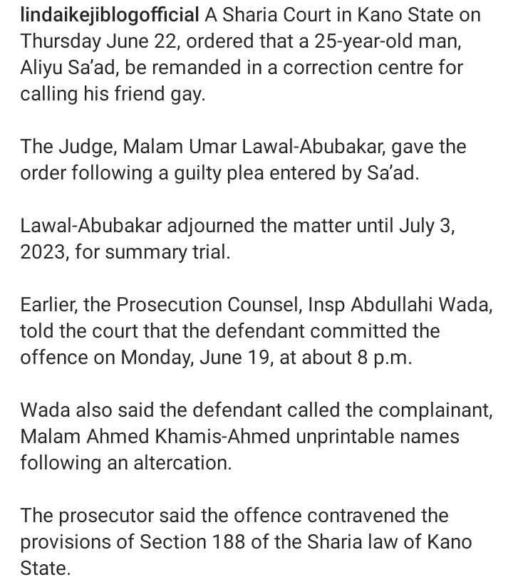 Frolicmedia_'s tweet photo. A court in Kano has remanded a man to a correctional facility for calling his friend gay.
Rice| Deji| Rufai| Dipo| Travis Scott| Man City| #Boomtransfer | #ThinkStrix| #BBNaijaReunion| #NSPPDUK | https://t.co/1affmAWqWI