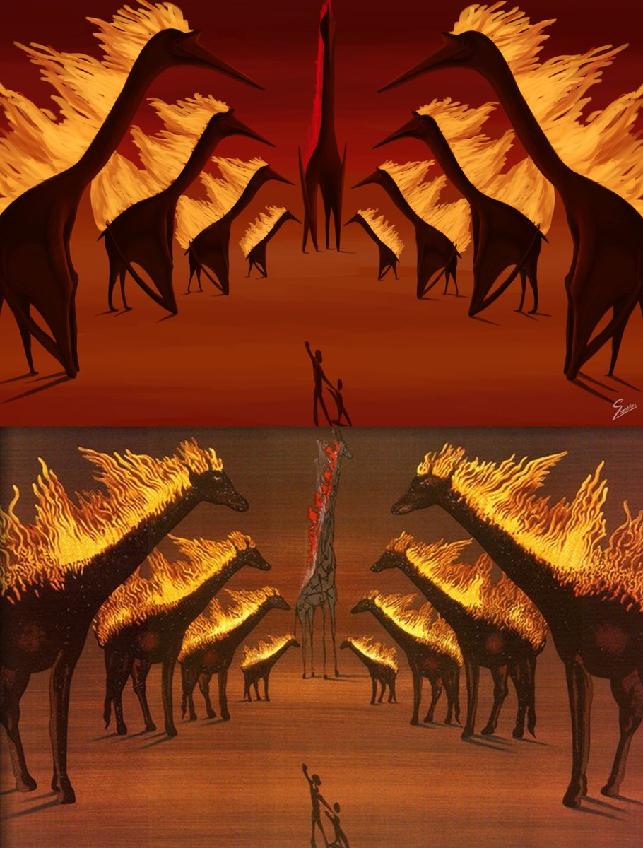 Rows of towering Azhdarchids set alight amidst the darkness, inspired by Salvador Dali's 'Giraffe Avignon'