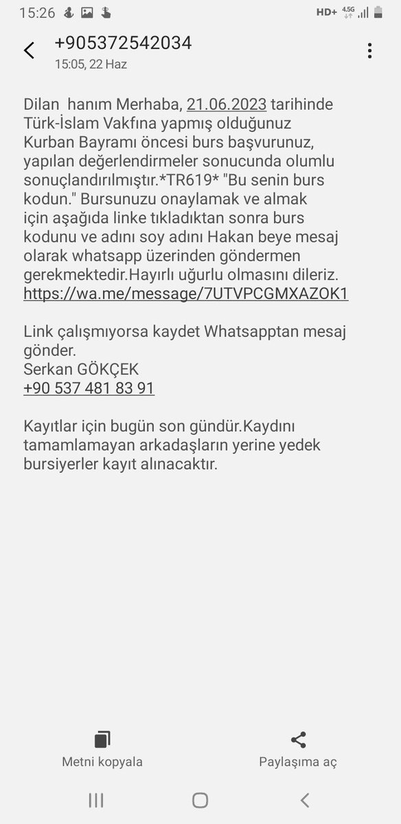 Bugün sizlere vakıf gibi görünen ama aslında dolandırıcı olan kişileri ifşalıcam!
Ablam, Instagram'da gördüğü Türk İslam Vakfı'nın burs başvurusuna katılmış.
Bugün ablama Türk İslam Vakfı tarafından bursunuz onaylanmıştır hakkında sms geldi.