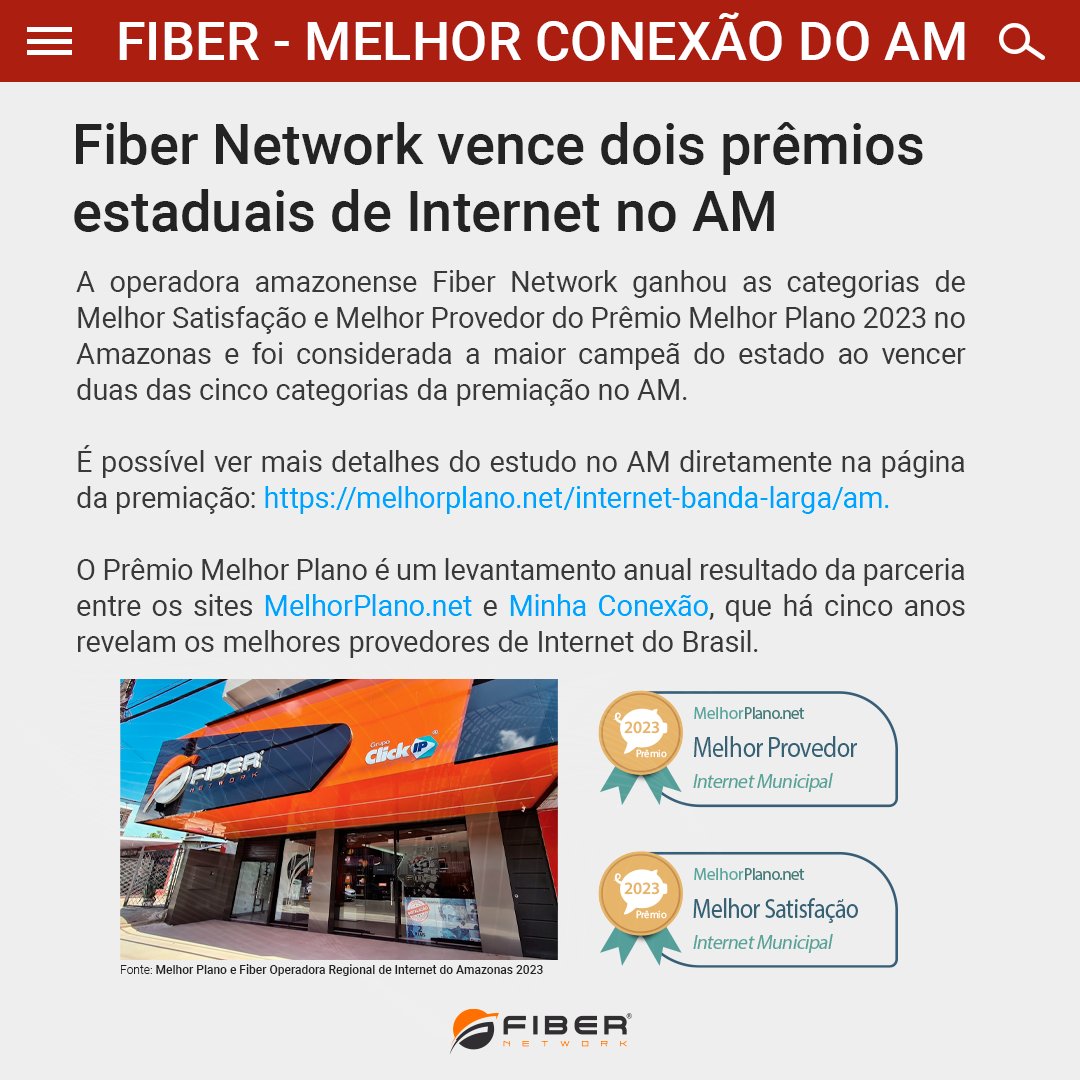 A operadora amazonense Fiber Network ganhou as categorias de Melhor Satisfação e Melhor Provedor do Prêmio Melhor Plano 2023 no Amazonas e foi considerada a maior campeã do estado ao vencer duas das cinco categorias da premiação no AM.