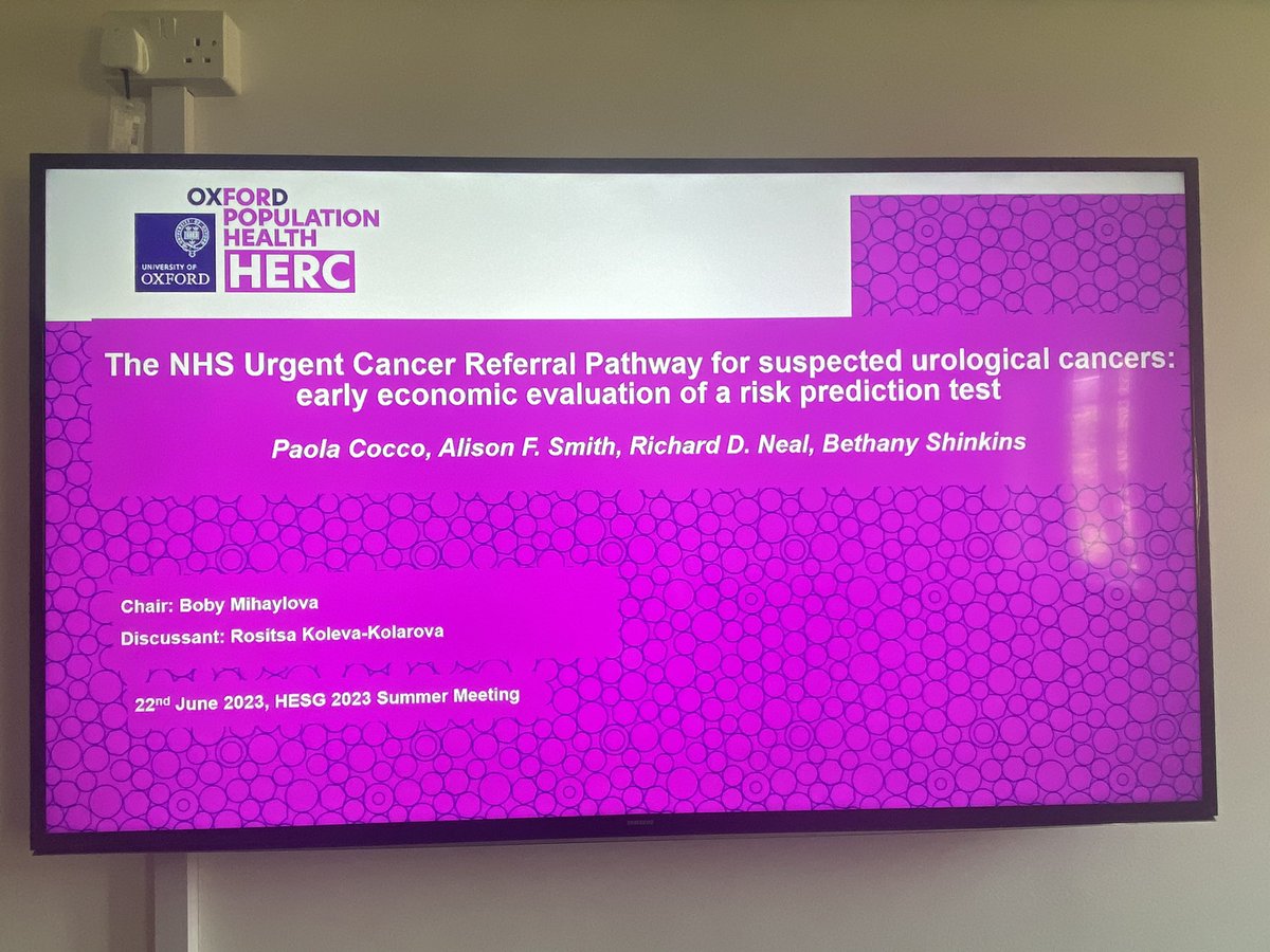 My turn now to discuss @paola__cocco paper on early economic evaluation of risk prediction model for urological cancer.
#hesg2023
#personalisedmedicine
#healtheconomics