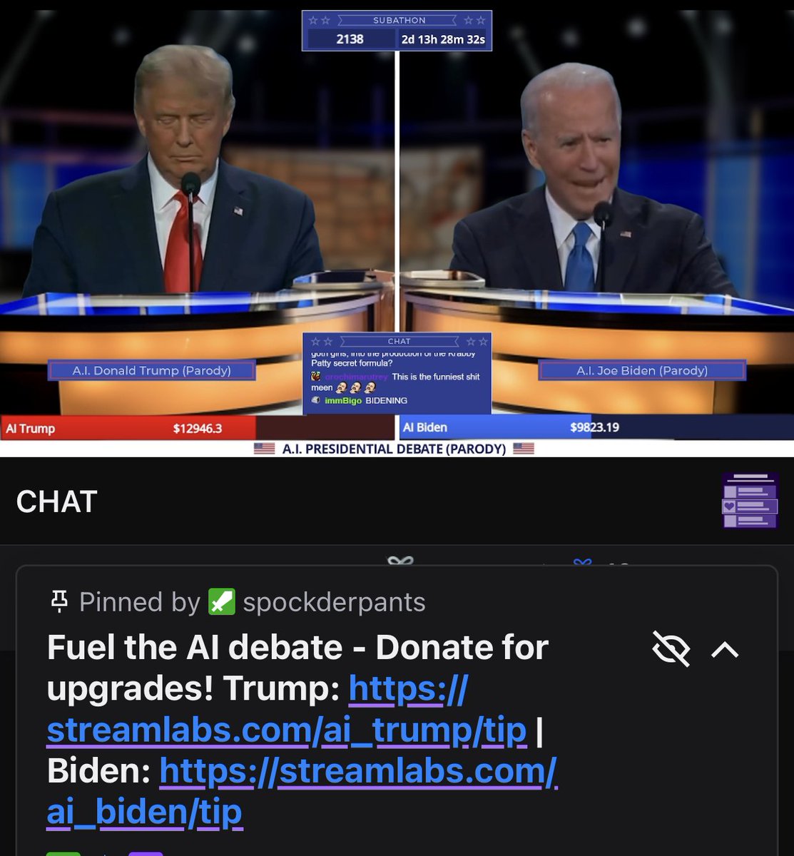 Listening to the first #AI #PresidentialDebate. Biden vs. Trump, via #Twitch. #Polarization, #propaganda, or just comedy?