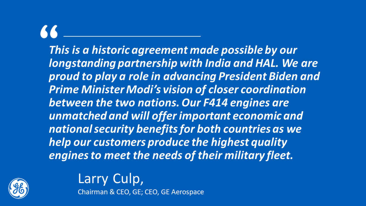 .<a href="/GE_Aerospace/">GE Aerospace</a> is proud to expand its partnership with Hindustan Aeronautics Limited to include the potential joint production of F414 fighter jet engines. As <a href="/narendramodi/">Narendra Modi</a> visits the US, GE is honored to play a role in bolstering cooperation btwn 🇺🇸 &amp; 🇮🇳 bit.ly/3No4AWq