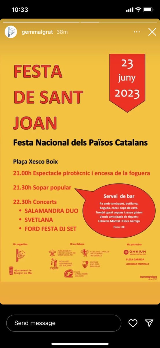 Ets una #mushker? Tenim una proposta per tu:

🔥Revetlla a Malgrat de Mar🧨

A la plaça 🪕xesco boix 🍁

Un xou de 🪆SVETLANA🪆marrana 

I ford festa 🚗bruuumm bruummm🚗

No hi faltis. Comparteix el cartell.