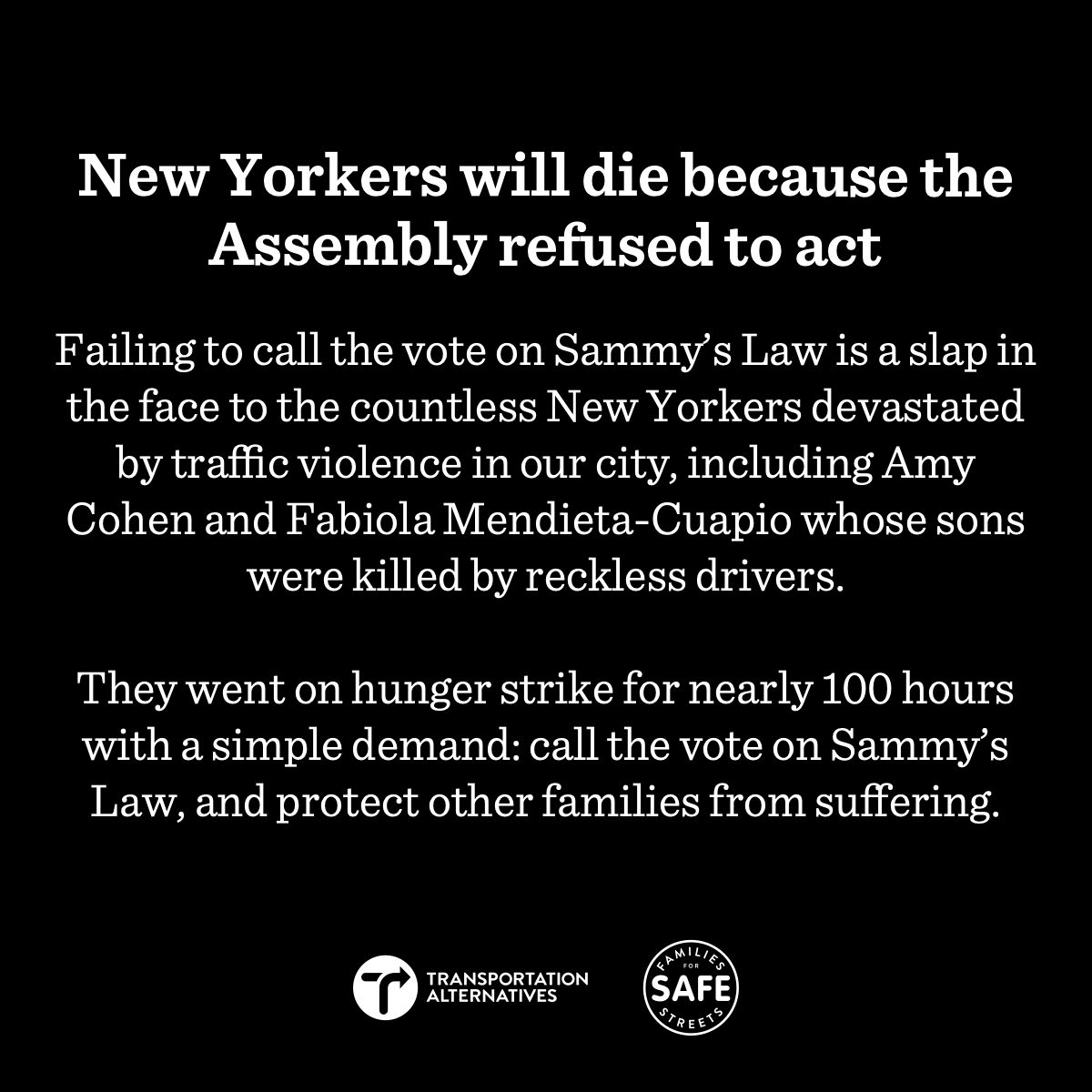TransAlt's tweet photo. We are devastated to share that Sammy’s Law did not advance out of the Assembly. 

Sammy's Law passed the Senate and was approved by the City Council with overwhelming majorities.

We know Sammy's Law would have passed if it was brought for a vote. https://t.co/xDCdH8NDWH