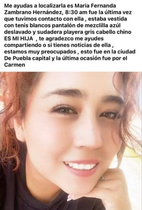 889Noticias's tweet photo. ⚠️ Solicitan apoyo para localizar a María Fernanda Zambrano Hernández, de 27 años. Fue vista por última vez la mañana del miércoles 21 de junio cuando se dirigía a la Col. El Carmen, en Puebla capital. Viste pantalón de mezclilla, blusa rayada negra con blanco y tenis blancos. jc https://t.co/d3qskem1z1
