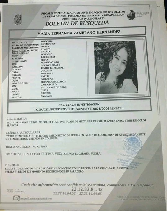 889Noticias's tweet photo. ⚠️ Solicitan apoyo para localizar a María Fernanda Zambrano Hernández, de 27 años. Fue vista por última vez la mañana del miércoles 21 de junio cuando se dirigía a la Col. El Carmen, en Puebla capital. Viste pantalón de mezclilla, blusa rayada negra con blanco y tenis blancos. jc https://t.co/d3qskem1z1