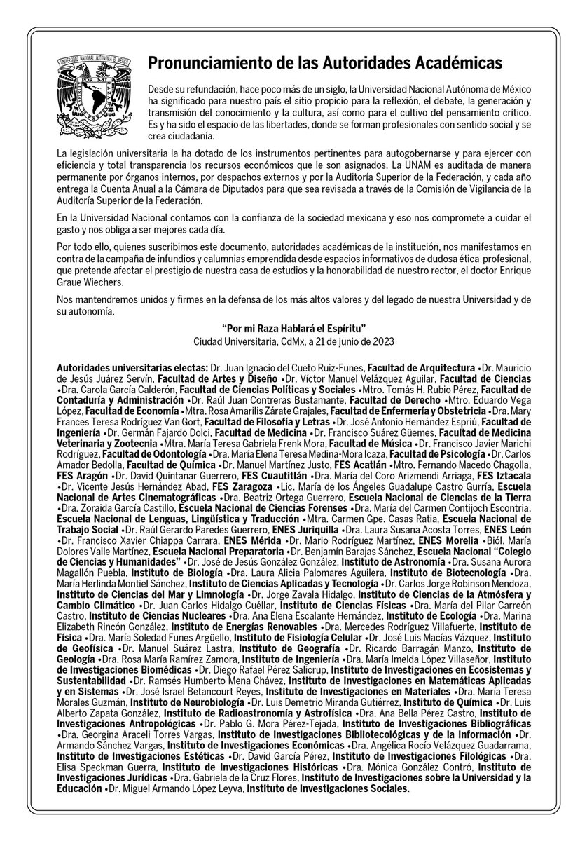 Pronunciamiento de las Autoridades Académicas. #Contraportada @Gaceta_UNAM > bit.ly/3CITCWK