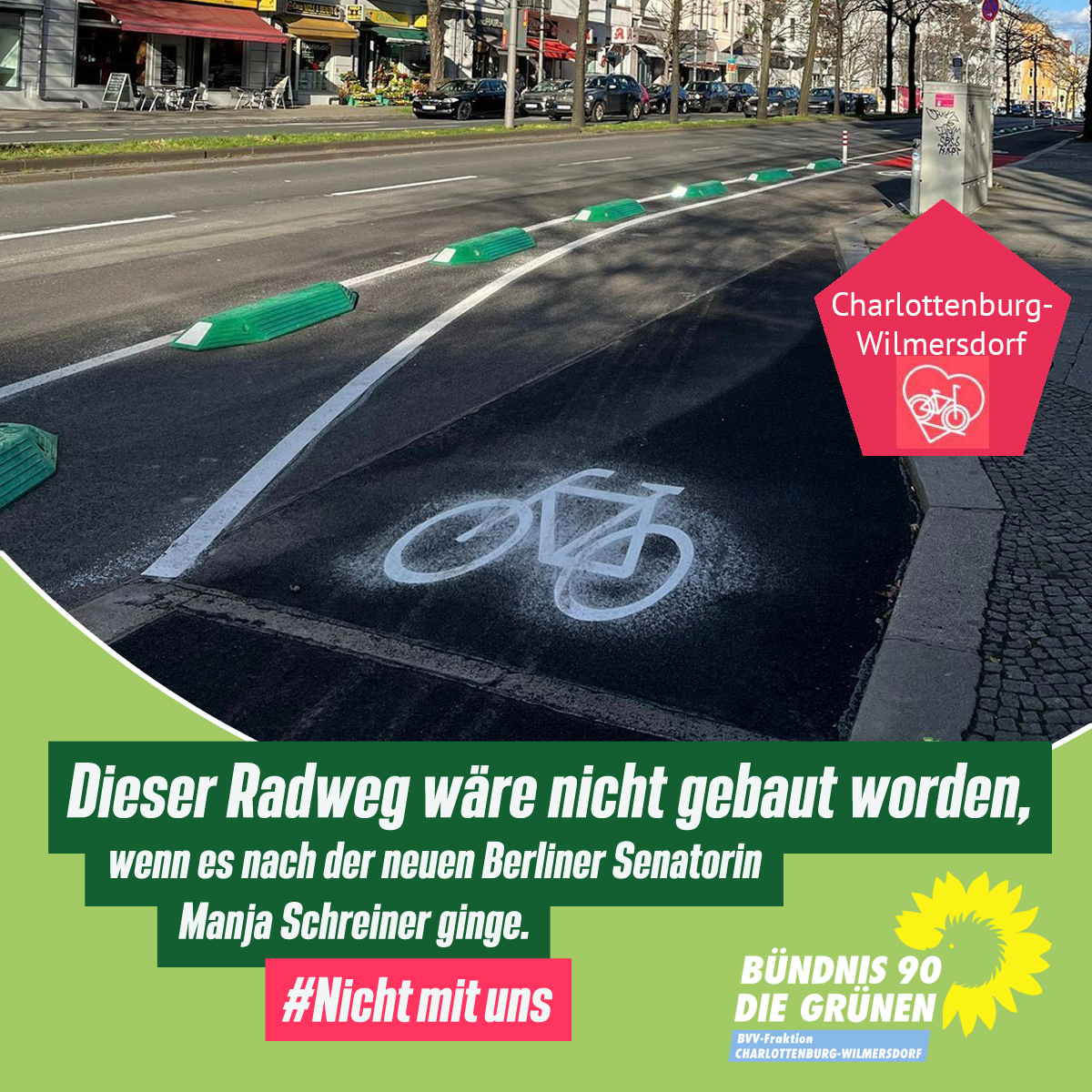 #Wexstraße - Diesen Radweg 🚴‍♀️🚴‍♂️🚲 in #Charlottenburg-#Wilmersdorf würde es heute nicht geben, wenn es nach @SchreinerManja ginge.

Die #grünenFraktionenBerlin sagen: #NichtMitUns! ❌
Berlin braucht sichere Fuß- + Radwege + eine echte #VerkehrswendeJetzt. #Mobilitaetsgesetz