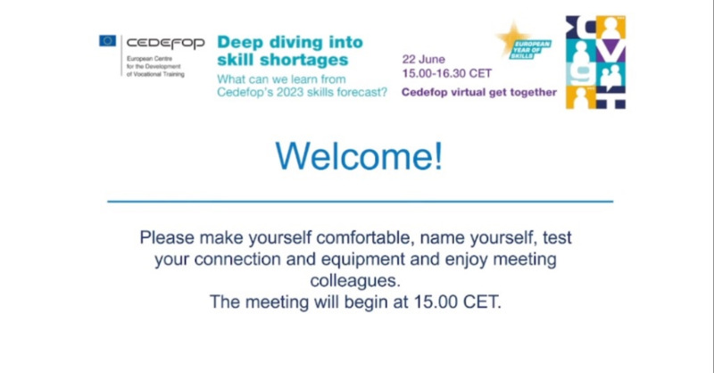 Cedefop's tweet photo. 📹 Live now❗️ Cedefop virtual get together

Deep diving into #skill shortages

❓What can we learn from Cedefop's 2023 #skillsforecast

#EuropeanYearofSkills
👀 Watch here 🔽