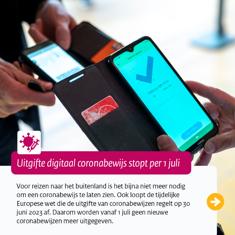 MinVWS's tweet photo. Per 1 juli stopt de uitgifte van de het Europese Digitale Coronacertificaat (DCC) via de Corona-Checkapp. Met een DCC (een QR-code) kunnen reizigers aantonen dat zij gevaccineerd, hersteld of negatief getest zijn. Toch een coronabewijs nodig? Swipe voor alternatieven.