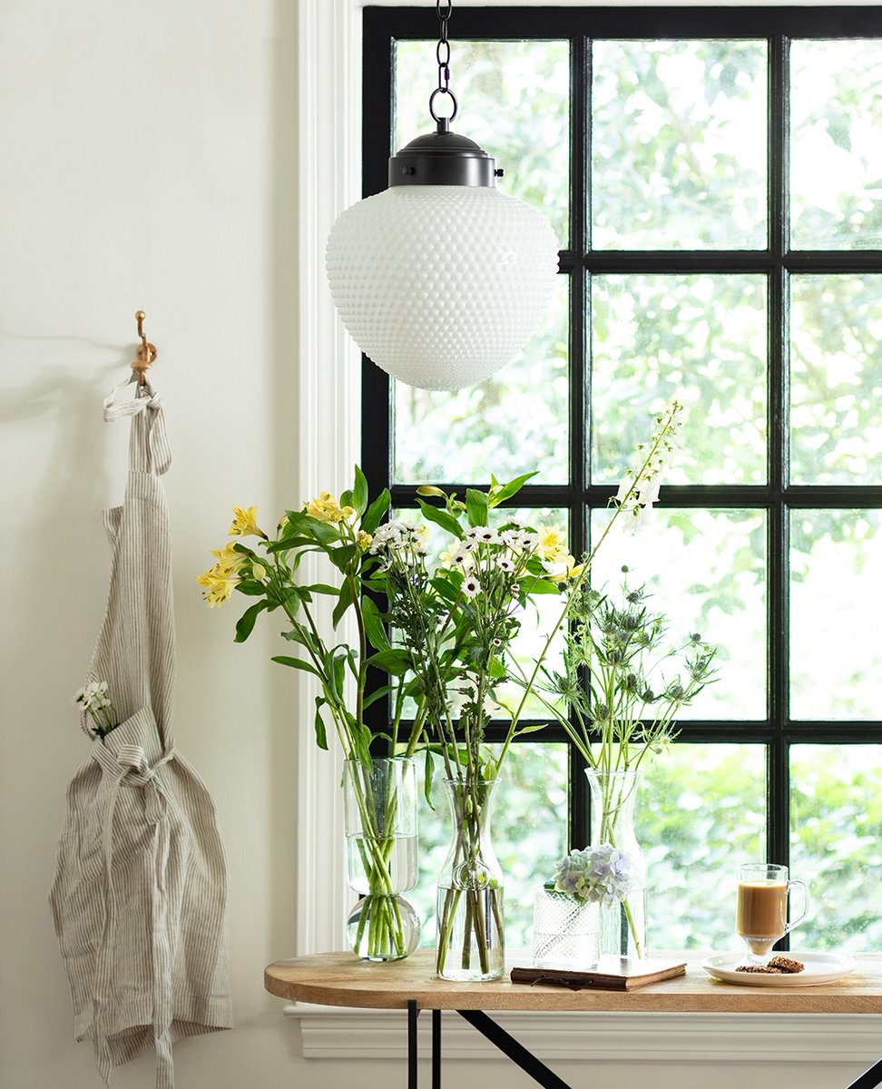 Elevate Your Space: Introducing the Cole Pendant, a stunning milk glass globe featuring exquisite hobnail detailing. Illuminate your interiors with timeless elegance and let this captivating piece become the centerpiece of your design 🌟✨