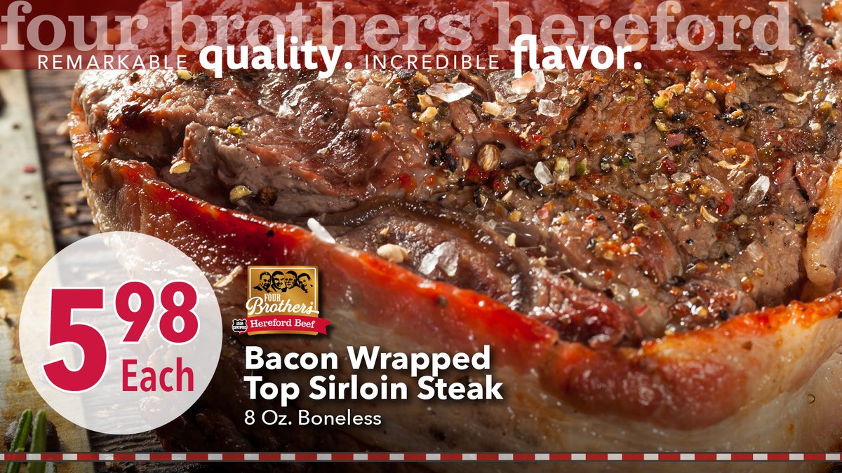 Coborns's tweet photo. Four Brothers Hereford Bacon Wrapped Top Sirloin Steak is on SALE! Handpicked and locally sourced, our beef guarantees an unbeatable taste.
Shop our online ad for savings on our Best Beef products.
๐ https://t.co/hezYeiH8ON
#FourBrothersHereford #BurgerLovers #MeatPerfection https://t.co/WpqGPjMCjO