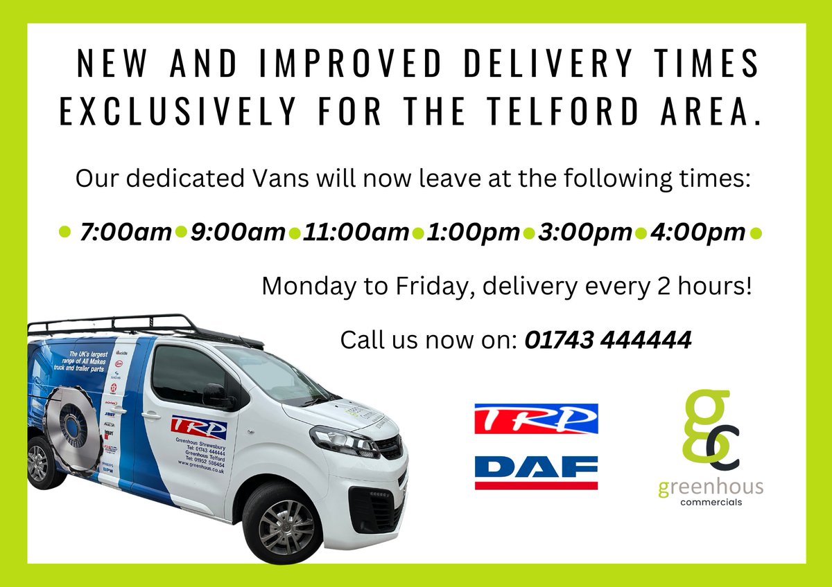 Greenhous Commercials now offer new and improved delivery times for the Telford area! ⏰

#greenhouscommercials #DAFparts #daf #TRPParts #TRP #trpallmakes #daftrucks #Telford #delivery #vans