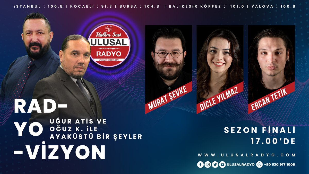 #UğurATİS ve #OğuzK.'nın #SezonFinali konukları;
#Yazar #Yönetmen #MuratŞEVKE, #Oyuncu #ErcanTETİK ve #DekorTasarımcı #DicleYILMAZ konuk oluyor.

#AyakÜstüBirŞeylerRadyoVizyon Perşembe saat: 17.00'de #UlusalRadyo'da.

#Tiyatro #Kültür #Sanat #RadyoProgramı