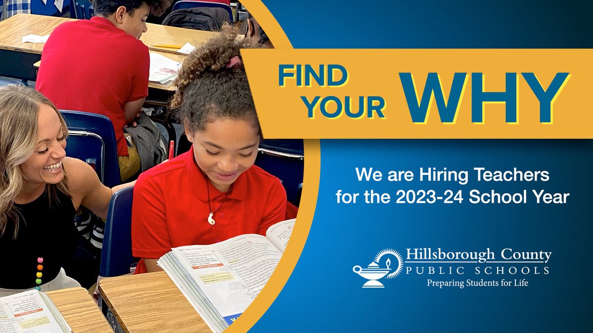 HillsboroughSch's tweet photo. FIND YOUR WHY! Are you interested in becoming a teacher? Join us for Application Tuesdays. You can receive help with completing &amp; submitting applications, discussing career opportunities, &amp; more.

🗓️ June 27
🕘 9 am - 2 pm
📍 2920 N. 40th Street, Tampa

https://t.co/kjP5nZVeEf https://t.co/N2BZJsaUaU