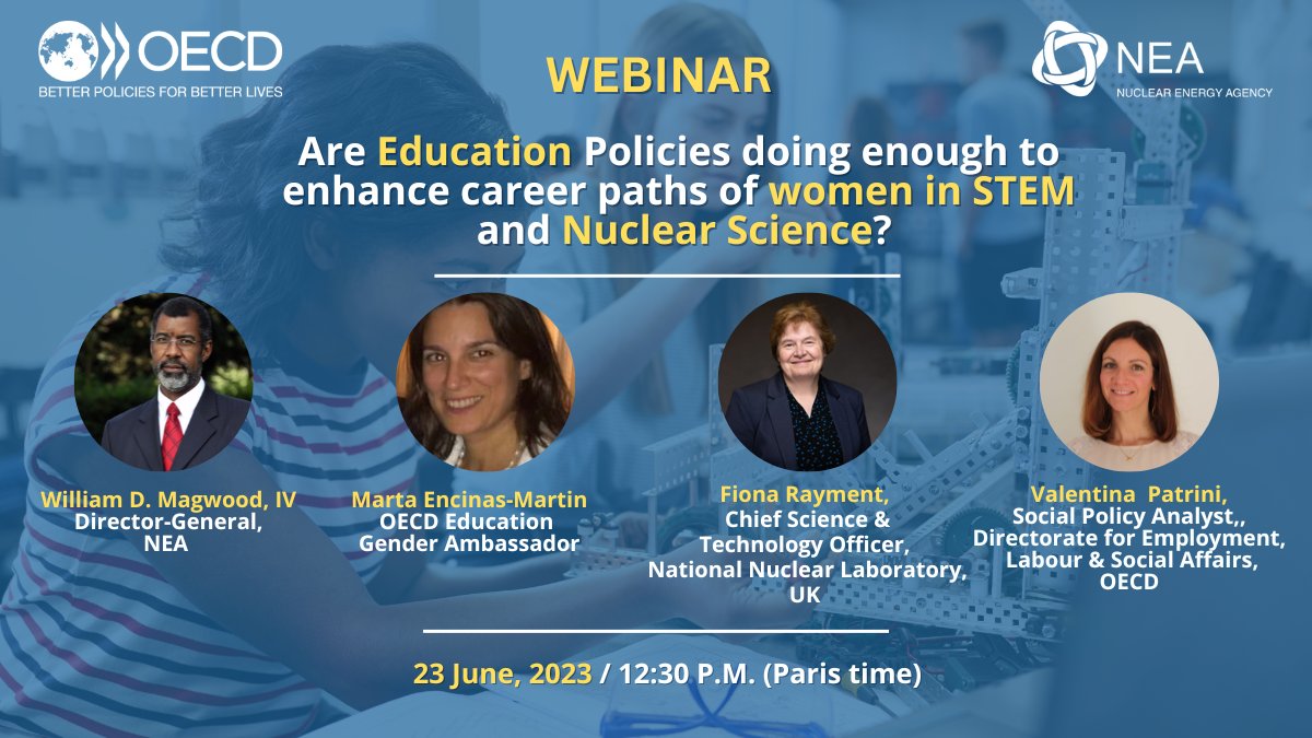 OECD_NEA's tweet photo. 📢SPEAKER ANNOUNCEMENT
Meet the speakers participating in tomorrow's online discussion: Are education policies doing enough to enhance career paths of women in STEM and nuclear science?

𝙍𝙀𝙂𝙄𝙎𝙏𝙀𝙍 ➡️ https://t.co/VtmgGi337Q

#WomeninSTEM #InternationalWomeninEngineeringDay https://t.co/VJXm8B0eCQ