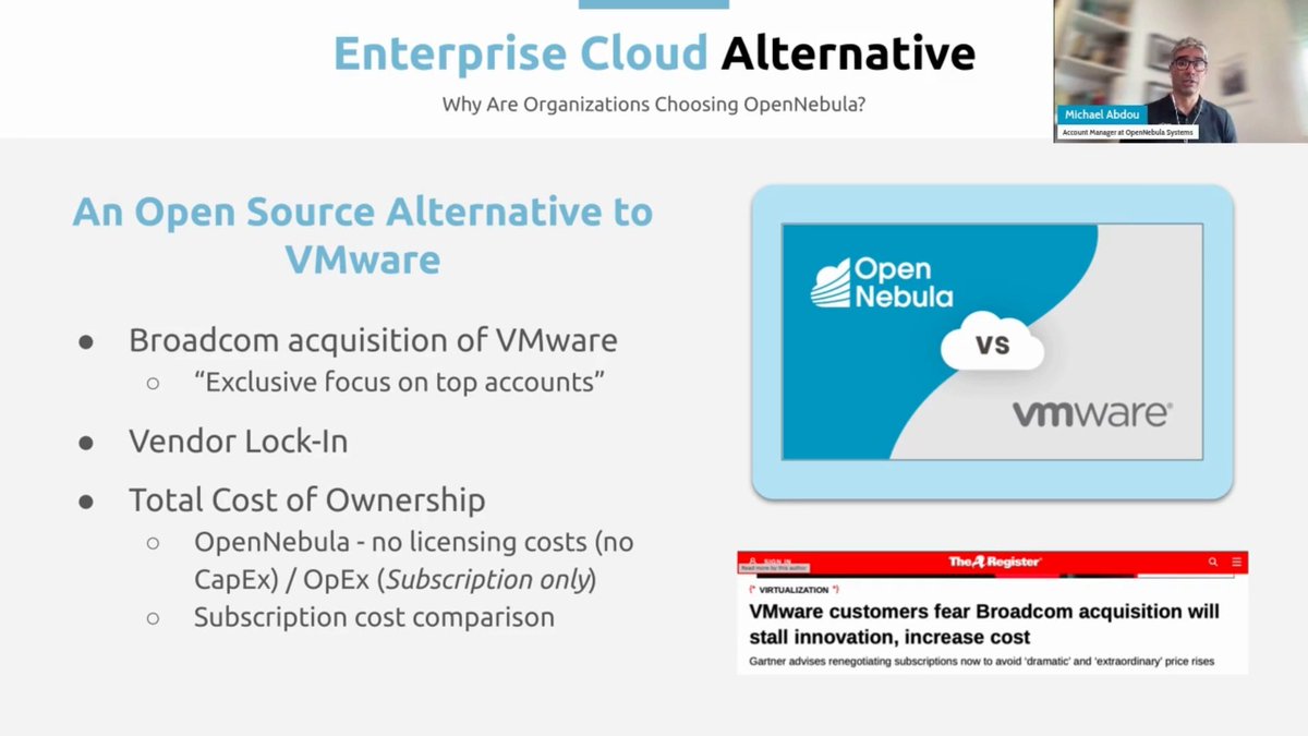 Did u know that #OpenNebula is not only a simpler replacement for <a href="/OpenStack/">OpenStack</a>, but also a powerful #opensource alternative to <a href="/VMware/">VMware</a> when it comes to #Virtualization &amp; #PrivateCloud? 🚀 JOIN US NOW at #OpenNebulaCon2023 to learn more➡️ app.swapcard.com/event/opennebu… #KVM #CloudComputing