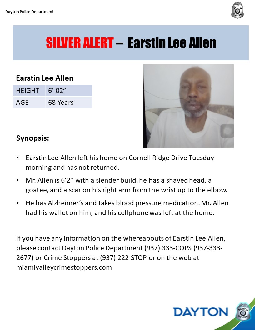 DaytonPolice's tweet photo. DPD is issuing a Silver Alert. Earstin Lee Allen is 68 years old, he left his home on Cornell Ridge Drive Tuesday morning and has not returned. 

He has a shaved head, a goatee, and a scar on his right arm from the wrist up to the elbow. 

Please call (937) 333-2677 w/ any info https://t.co/kDPMnULqbD