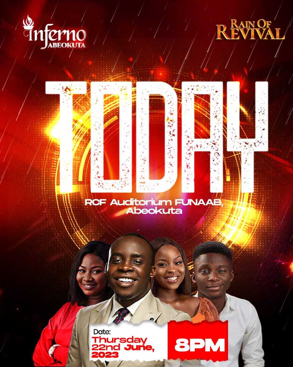 Today is the day

Fire will fall
Revival will break out
Don't miss it 
It's Abeokuta Inferno

8 pm

Rcf Auditorium Funnab Abeokuta 

Don't miss  
Invite everyone you know.