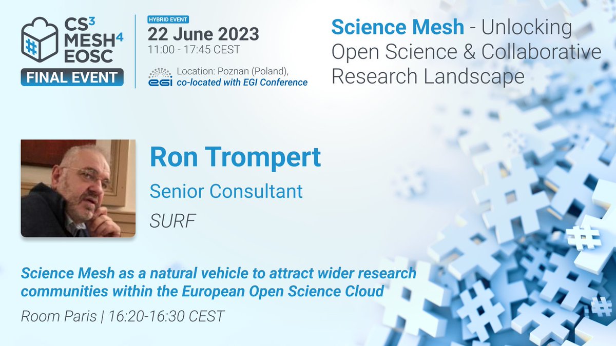 📌#CS3MESH4EOSC live @EGI_eInfra #EGI2023!

❓How can the #ScienceMesh impact the #EOSC environment and the #OpenScience landscape?

🙌Join the 'Science Mesh as a natural vehicle to attract research communities within #EOSC' session with @rontrompert @SURF__EN to find out!
