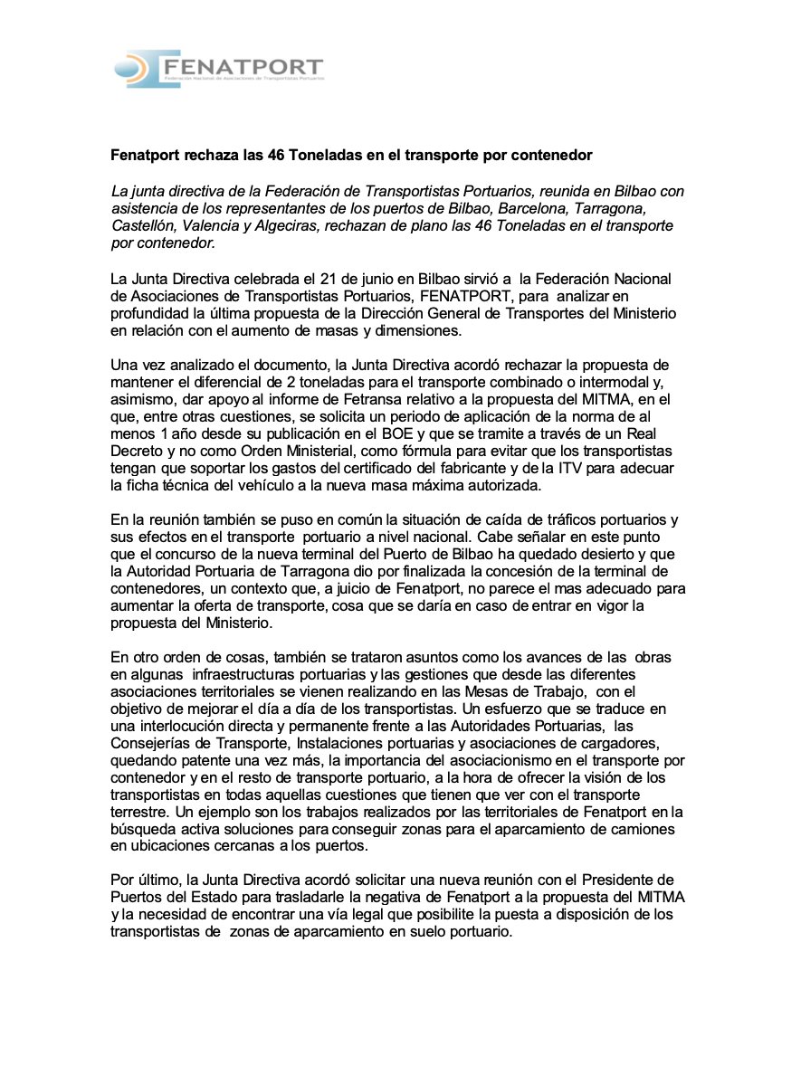 fenatport's tweet photo. 👉@Fenatport rechaza la propuesta de @mitmagob sobre las 46 Toneladas en el #transporte por #contenedor.  @amaiamr15 @cadesum @rutatransporte @autonomosenruta @diariodelpuerto @veintepies @diarioelcanal @ElMercantilcom https://t.co/wYvNPrC8To