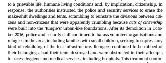 Reading @CarolineKoegler on clearings of the so-called 'Jungle' of Calais by authorities in 2016, a violent re-assertion of the divide between citizen and non-citizen. Important framing for thinking about the clearing of homeless encampments in Toronto in the summer of 2021.