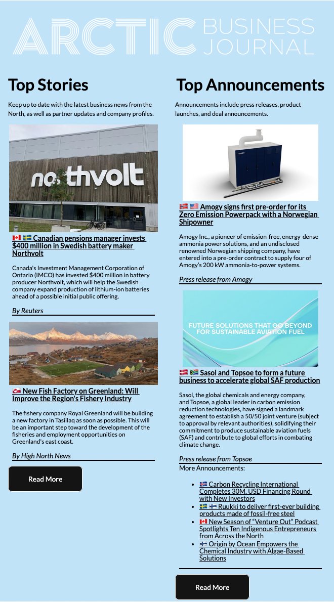 Our latest #newsletter is out now!

News of plans to build a new fish factory in Greenland, and Canadian investment into Northvolt, as well as the latest announcements:

Read more at lnkd.in/g6eFxxwS
 
Also includes the latest <a href="/Arctic_Today/">Arctic Today</a> news and analysis!

#arctic