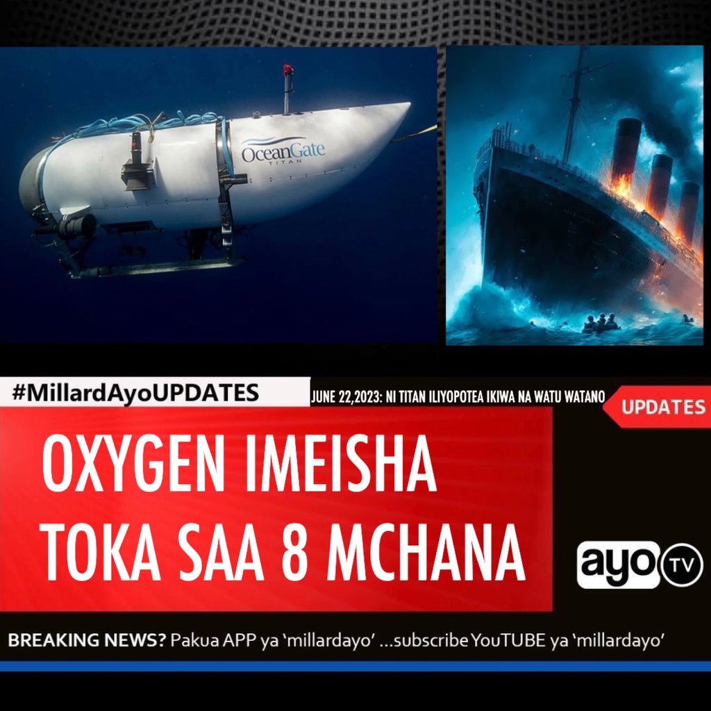 millardayo's tweet photo. Timu ya Walinzi wa Pwani kutoka nchini Marekani mchana huu imeripoti kuisha kwa akiba ya hewa ya oxygen iliyomo kwenye chombo cha chini cha maji (submarine) ambacho kimepotea kwenye eneo ilipotokea ajali ya Titanic.

Walinzi hao walitabiri kuwa usambazaji wa hewa ya oxygen katika chombo hicho kinachoitwa Titan kilichopotea mwanzoni mwa wiki hii, itaisha mchana saa sana nane na dakika nane mchana kwa saa za Afrika Mashariki, kwa sasa tayari kifaa maalum kilichotumwa ndani ya bahari kimefika kwenye sakafu ya bahari na kimeanza kutafuta submarine hiyo.

Taarifa kutoka kwa opereta wa chombo hicho, OceanGate Expeditions imesema submarine hiyo ina uwezo wa kusambaza hewa ya oxygen kwa saa 96 pindi inapokutana na hali ya dharura na tayari saa 96 zimeisha hivyo kuzua hofu na wasiwasi kuhusu uhai wa Watu watano walio ndani ya chombo hicho.

Kampuni ya OceanGate hutoza $250,000 (Tsh Mil 598.7) kwa kila Mtu kwa safari za kuelekea kuitazama meli ya ‘Titanic’ chini ya maji ambapo kikiwa chini ya maji kina uwezo wa kubeba Watu watano na kwa kawaida kina uwezo wa kukaa ndani ya maji na oksijeni ya siku nne, Watu watano waliokuwa ndani ya chombo hicho kilichopotea ni bilionea kutokea Uingereza, Rubani mdogo kutokea Ufaransa, Bilionea kutokea nchini Pakistani akiwa na Mtoto wake wa kiume mwenye umri wa miaka 19 pamoja na CEO wa OceanGate, kampuni inayoendesha Titan.
#MillardAyoUPDATES