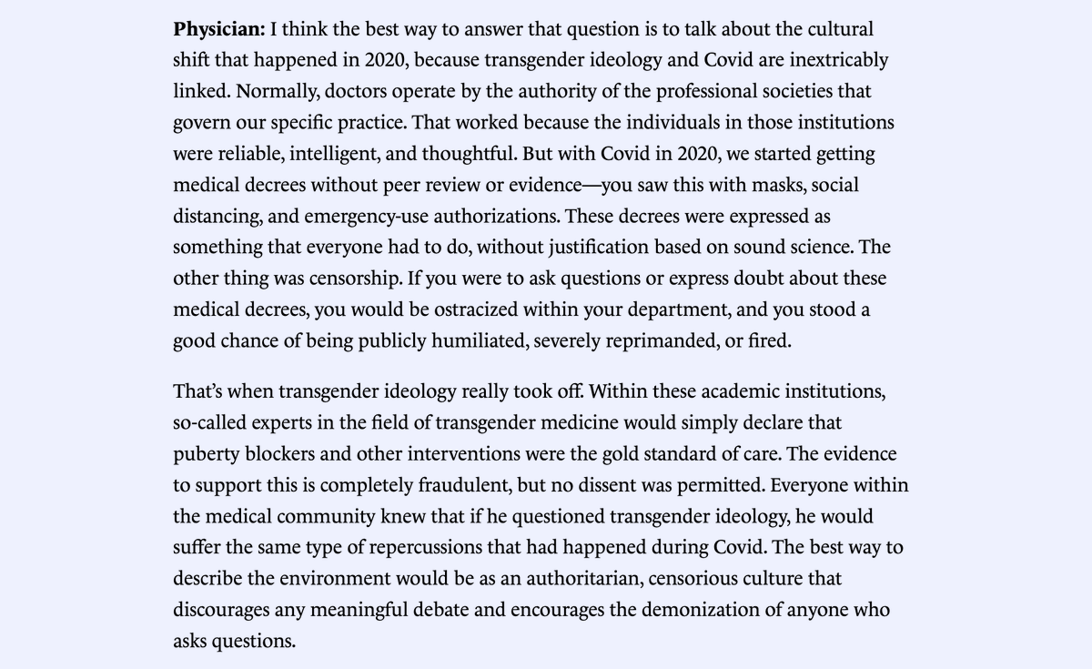 christopherrufo's tweet photo. A whistleblower at a major children's hospital explains how the medical regime established by Covid—standards of care imposed by fiat; censorship of any dissenters—enabled the explosion of transgender medicine.

It's corruption all the way down: https://t.co/ou8dL1PesG https://t.co/y2C9IUVRtT