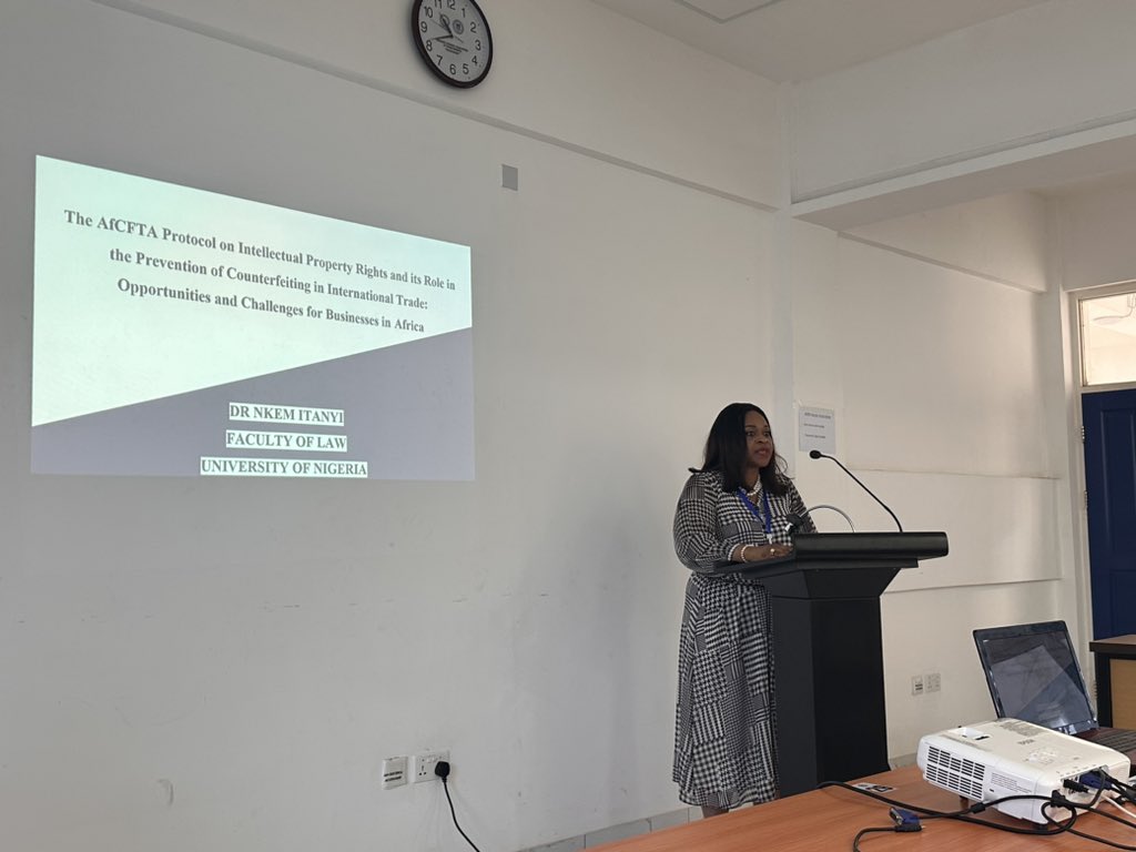 Day 2—#AfIELN2023
Delighted to present my paper: The AfCFTA Protocol on Intellectual Property Rights &amp; its Role in the Prevention of Counterfeiting in International Trade: Opportunities &amp; Challenges for Businesses in Africa.

Intellectual Property, Health &amp; Competition Law Panel.