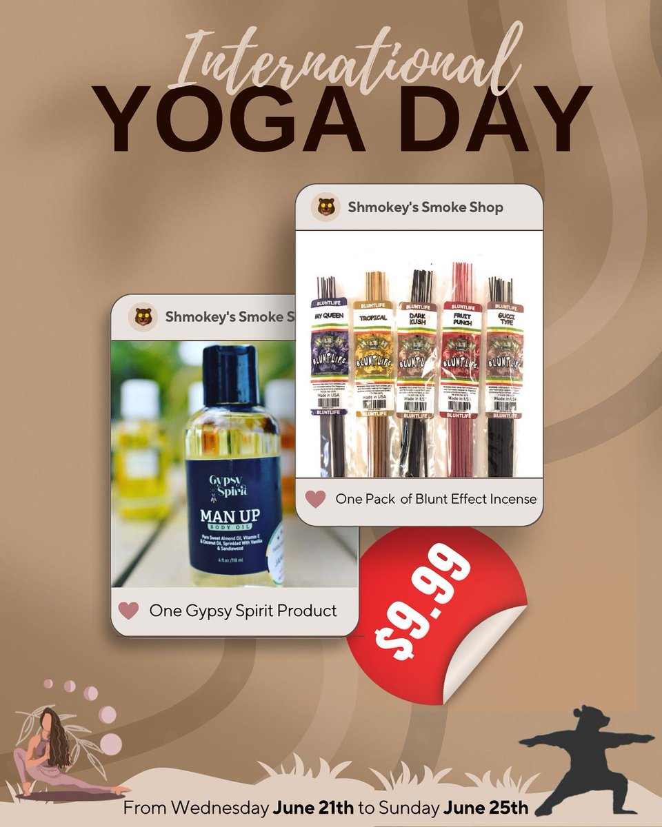 ShmokeyShop's tweet photo. 🧘‍♀️🌿 Happy International Yoga Day! 🌿🧘‍♂️

Today, we celebrate the beautiful practice of yoga that brings balance, mindfulness, and harmony into our lives. 🙏✨

To make your yoga experience even more blissful, we have a special promotion for you! Enjoy the perfect blend of relaxat https://t.co/n9GbwgyTvn