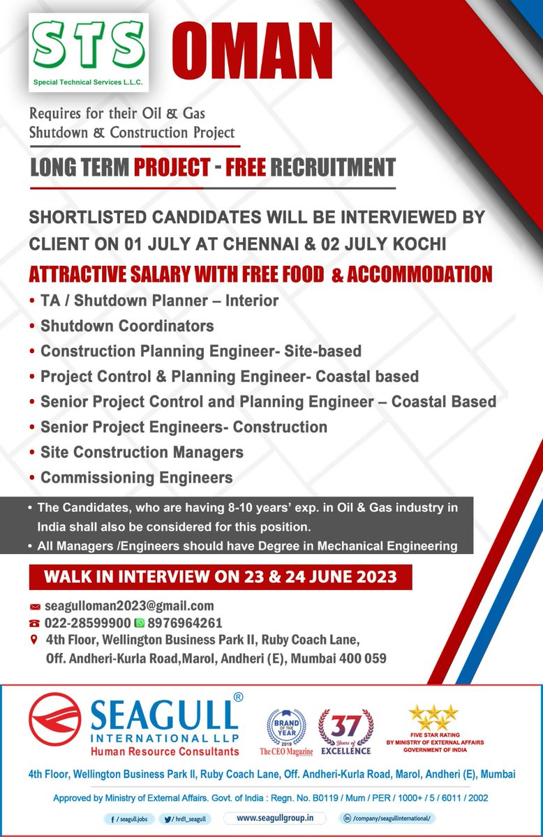 hrd1_seagull's tweet photo. OMAN JOBS- SHUTDOWN AND CONSTRUCTION PROJECT
LONG TERM PROJECT - FREE RECRUITMENT
WALK IN INTERVIEW ON 23 & 24 JUNE 2023
CLIENT INTERVIEW ON 1 JULY 2023
.
.
.
#omanjobs #stsjobs #projectcontroler #siteconstruction #commissioningengineer #mumbaijobs https://t.co/gS72rxcIfj