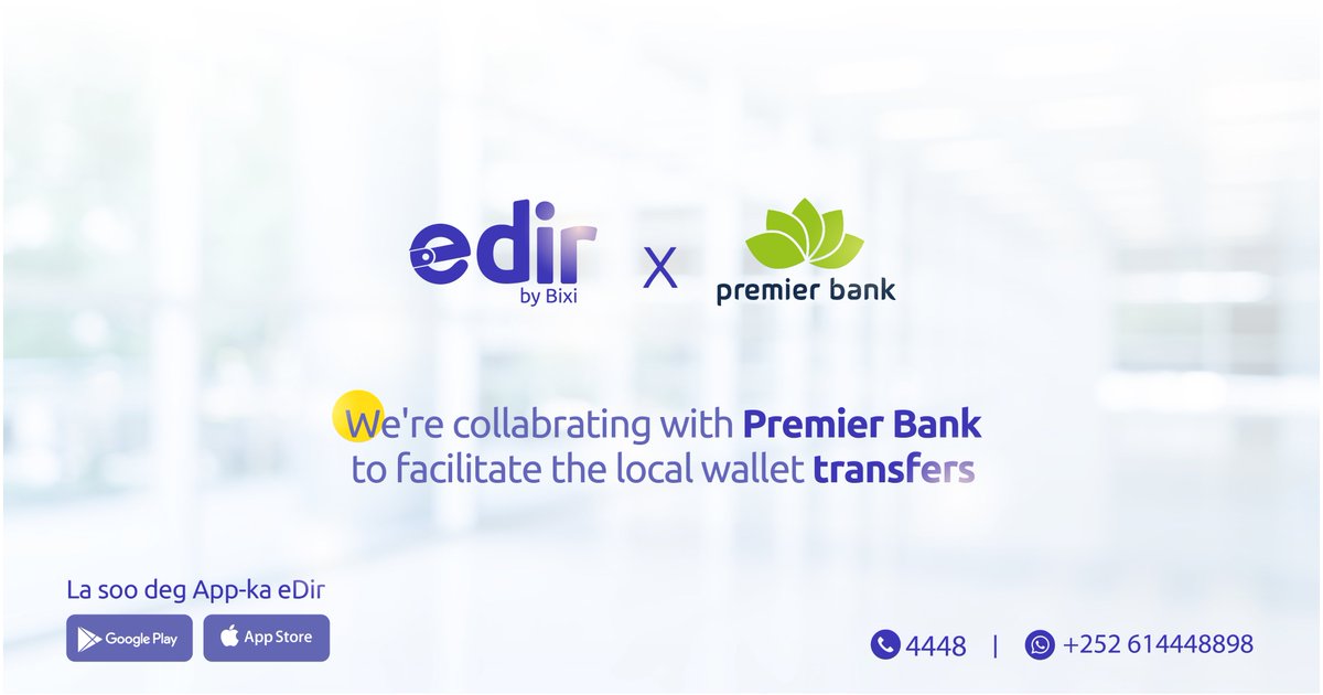 eDirByBixi's tweet photo. We are working with premier wallet to provide pay in and out to local wallets (#evc #zaad #edahab #jeeb #ebesa)
Download edir today and your first transaction is free: https://t.co/IuZf8SRaUM https://t.co/zMdwe0ovfw