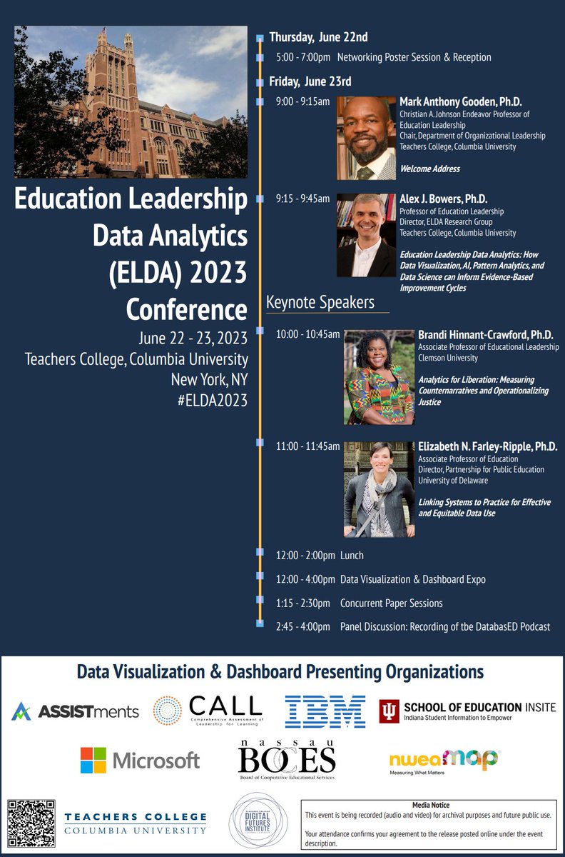 Education Leadership Data Analytics 2023 Conference is tonight & Friday @TeachersCollege! Looking forward to a great set of talks & demos for #EdLeadership #DataAnalytics! #ELDA2023

#EdAdmin #DataScience #DataUse #EvidenceUse #Datavis #Equity
sites.google.com/tc.columbia.ed…
