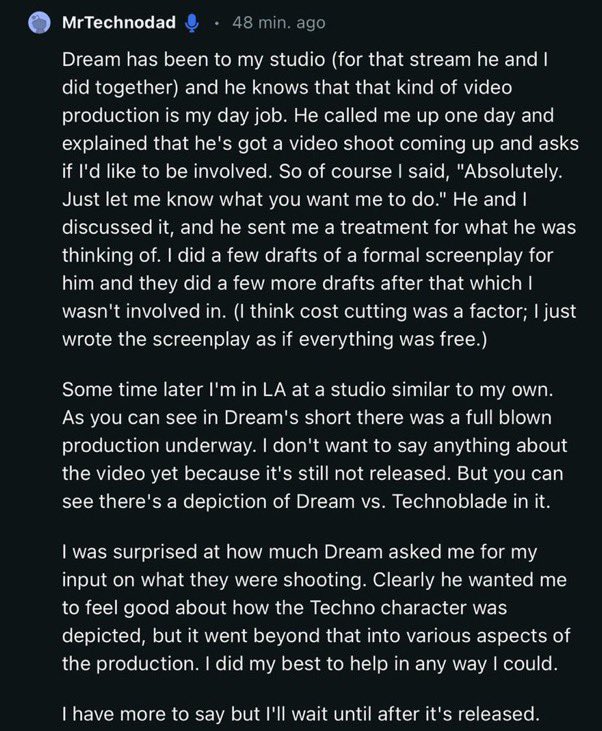 People in the replies saying that they don’t want his legacy to be death and darkness. Is that all the music video is to you? Just one specific scene. Out of plenty. Out of an entire video? Also! Reminder! Technodad literally helped make the screenplay.