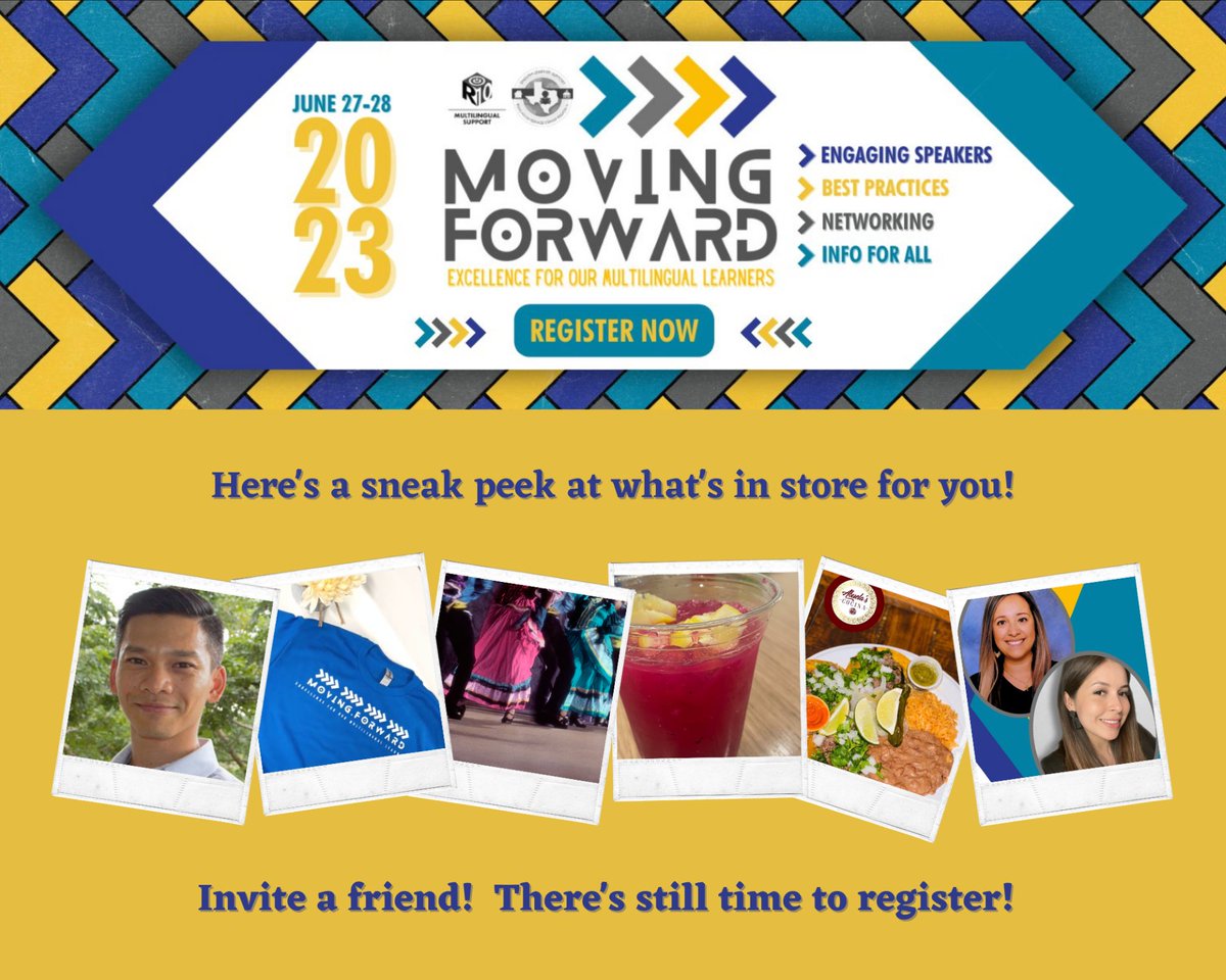 Here's a sneak peak of what's happening next week!! Register TODAY and invite a friend! #movingforwardjuntos bit.ly/MovingForward23 #MovingForward23 #Multilingual #summerpd #PDopportunity